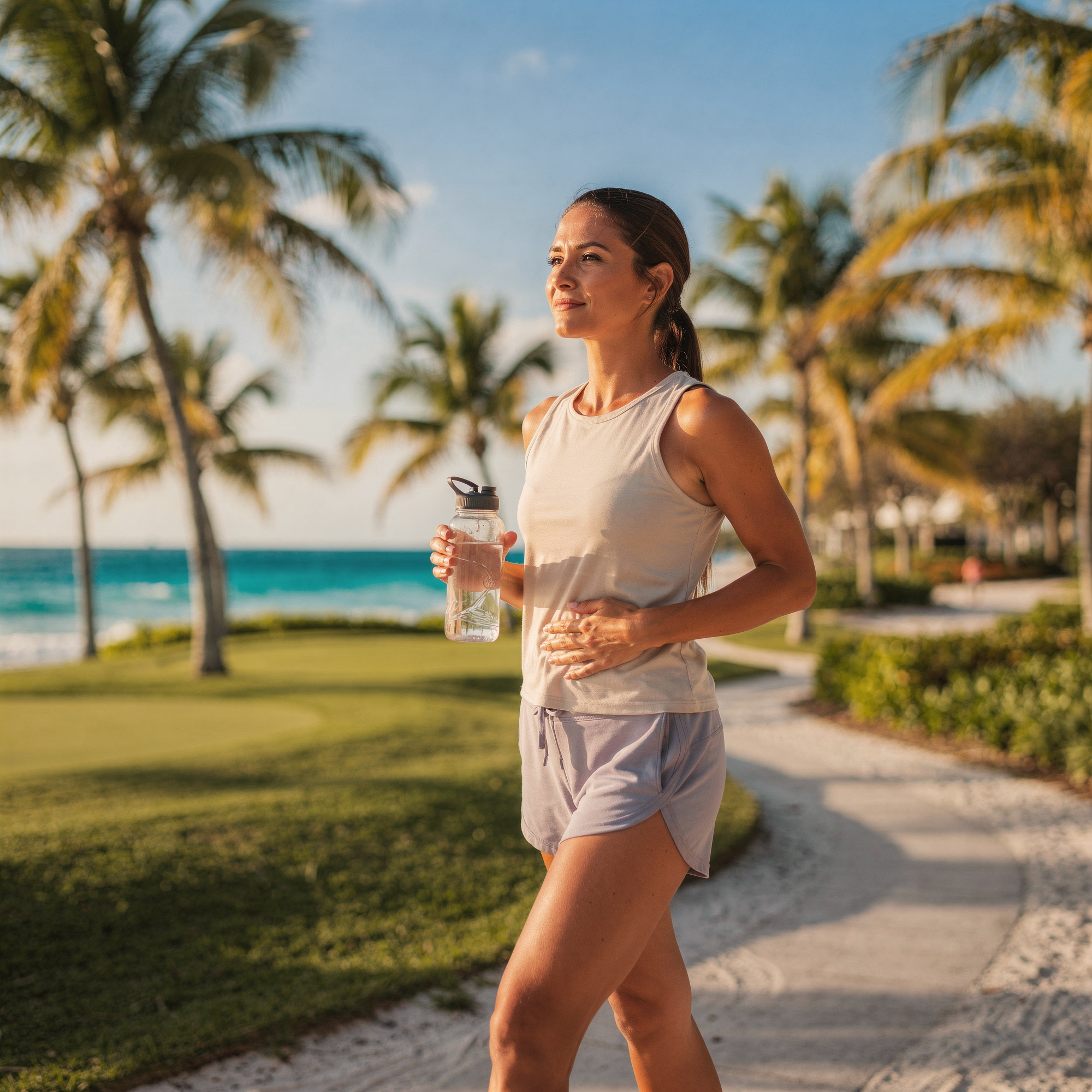 Woman jogging along a beachfront path with palm trees and ocean in background